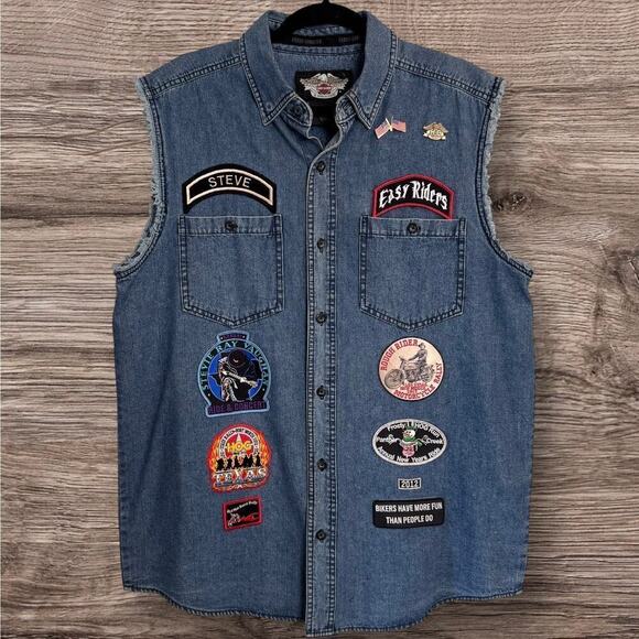 Harley Davidson Other - Vintage Harley Davidson Denim Vest w/ Various Biker Patches & Pins, Men's Medium